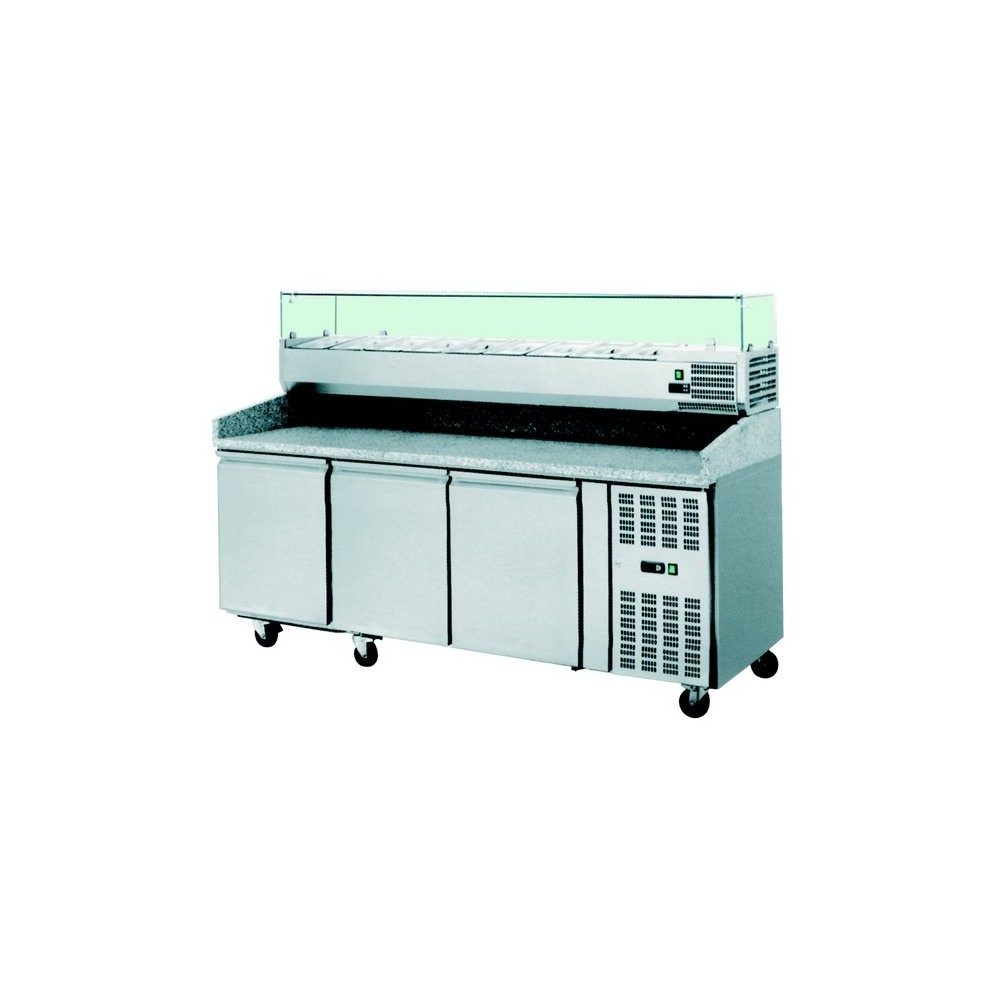 Meuble à pizza - Tropicalisé - Garantie 2 ans - 3 portes + roulettes - Vitrine à ingrédients 9 x GN 1/3 - Classe N Meuble à pizza - Tropicalisé - Garantie 2 ans - 3 portes + roulettes - Vitrine à ingrédients 9 x GN 1/3 - Classe N