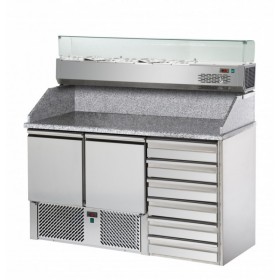 Meuble à pizza - Garantie 2 ans - 200 L - 2 portes + 6 tiroirs neutres + roulettes - 5 x GN 1/3 + 1x GN 1/2 - Classe N