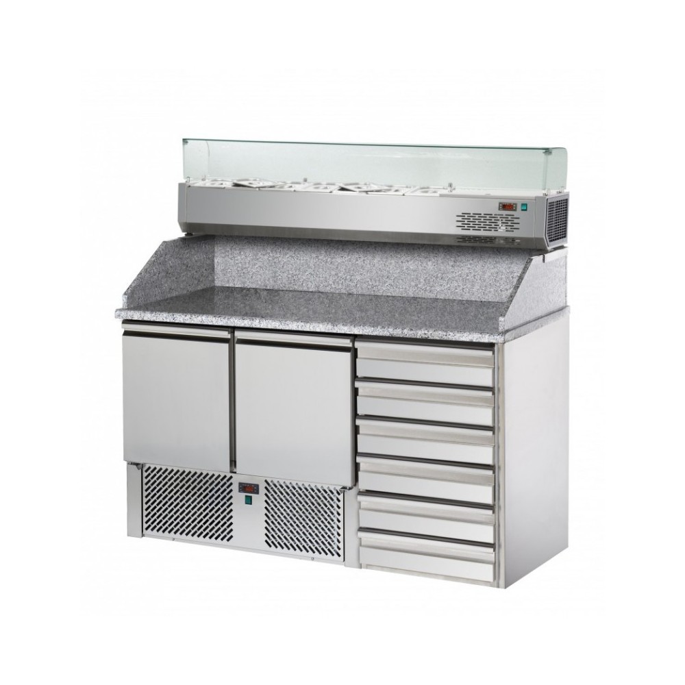 Meuble à pizza - Garantie 2 ans - 200 L - 2 portes + 6 tiroirs neutres + roulettes - 5 x GN 1/3 + 1x GN 1/2 - Classe N