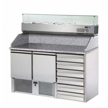 Meuble à pizza - Garantie 2 ans - 200 L - 2 portes + 6 tiroirs neutres + roulettes - 5 x GN 1/3 + 1x GN 1/2 - Classe N