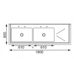 Plonge inox double bac - AISI 304 - 1800 (L) x 600 (P) x 900 (H) mm