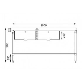 Plonge inox double bac - AISI 304 - 1800 (L) x 600 (P) x 900 (H) mm