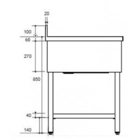 Plonge inox - AISI 304 - 1400 (L) x 700 (P) x 970 (H) mm - Avec égouttoir - 1 bac à droite