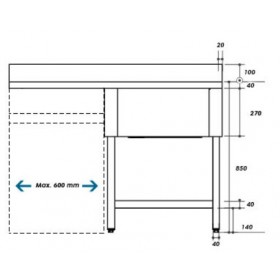 Plonge inox - AISI 304 - 1200 (L) x 700 (P) x 850 (H) mm