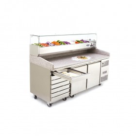 Meuble à pizza - Garantie 2 ans - 580 L - 2 portes + tiroirs + roulettes - 9 x GN 1/3 - Classe T