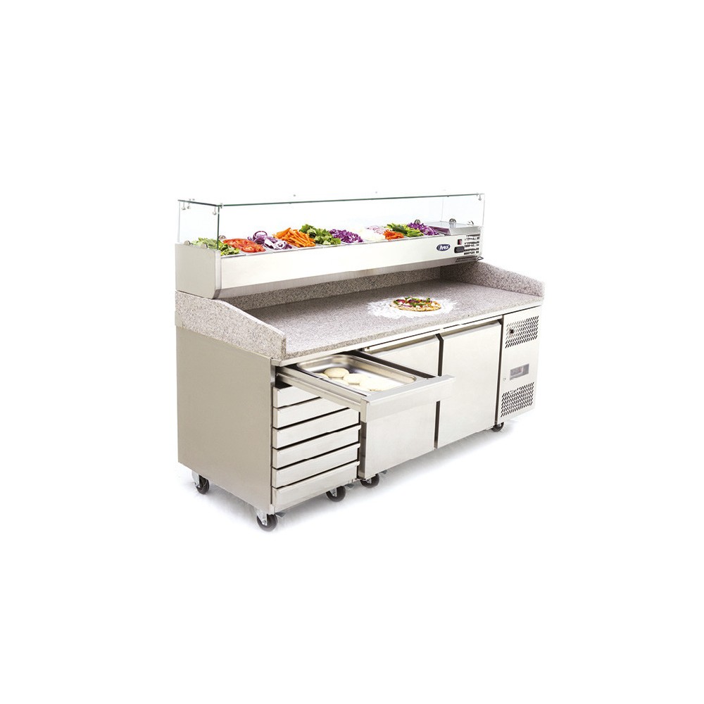 Meuble à pizza - Garantie 2 ans - 580 L - 2 portes + tiroirs + roulettes - 9 x GN 1/3 - Classe T