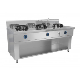 FOURNEAU WOK3 BRULEURS, AVEC RIDEAU D'EAU   