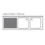 Plonge inox - AISI 304 - 2000 (L) x 700 (P) x 970 (H) mm - Avec égouttoir - 2 bacs à gauche