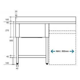 Plonge inox - AISI 304 - 1400 (L) x 700 (P) x 850 (H) mm