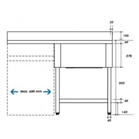 Plonge inox - AISI 304 - 1400 (L) x 700 (P) x 850 (H) mm