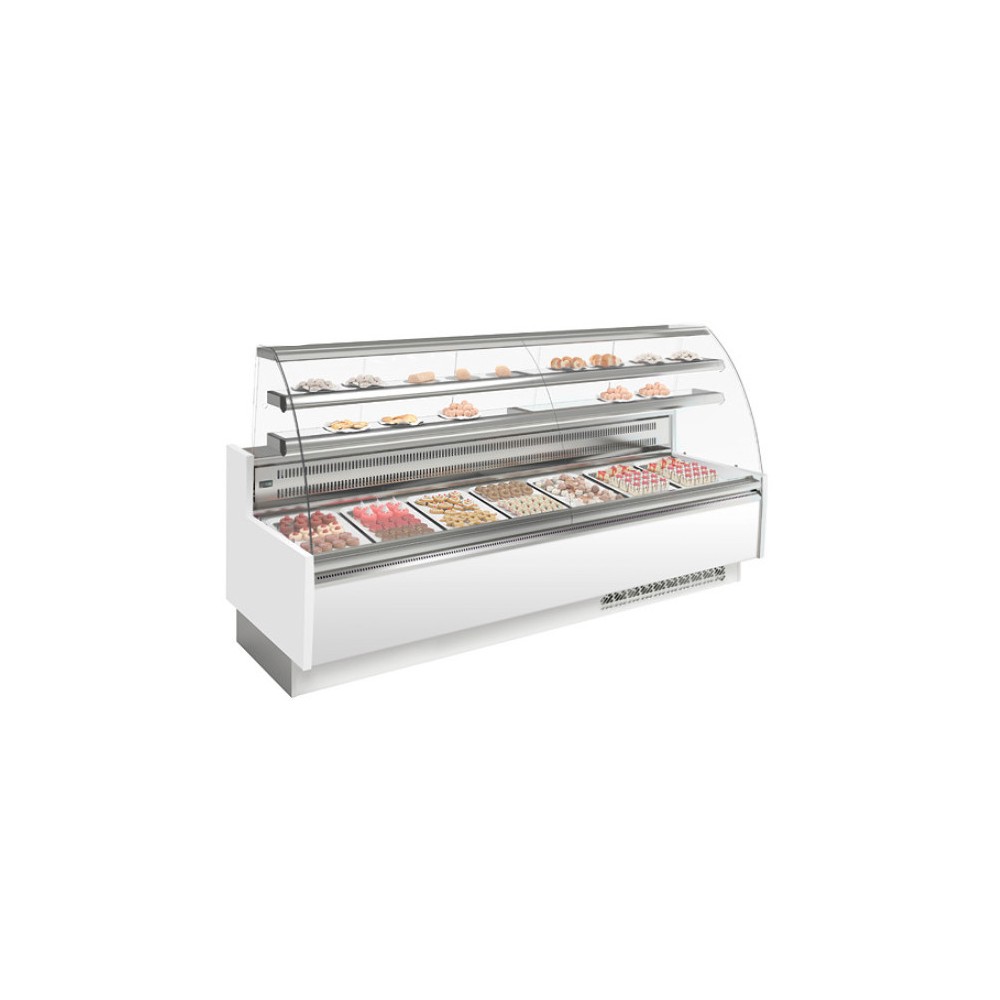 Vitrine réfrigérée positive - Vitre bombée - Blanc - 2500 (L) x 985 (P) x 1345 (H) mm - Avec éclairage - Classe N Vitrine réfrigérée positive - Vitre bombée - Blanc - 2500 (L) x 985 (P) x 1345 (H) mm - Avec éclairage - Classe N