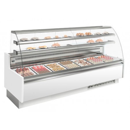 Vitrine réfrigérée positive - Vitre bombée - Blanc - 2500 (L) x 985 (P) x 1345 (H) mm - Avec éclairage - Classe N
