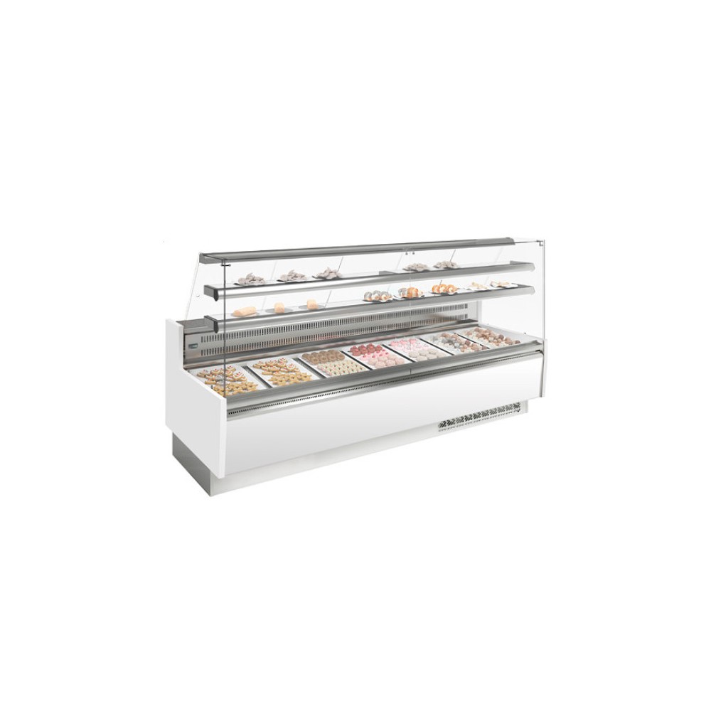 Vitrine réfrigérée positive - Vitre droite - Blanc - 2500 (L) x 985 (P) x 1345 (H) mm - Avec éclairage - Classe N Vitrine réfrigérée positive - Vitre droite - Blanc - 2500 (L) x 985 (P) x 1345 (H) mm - Avec éclairage - Classe N