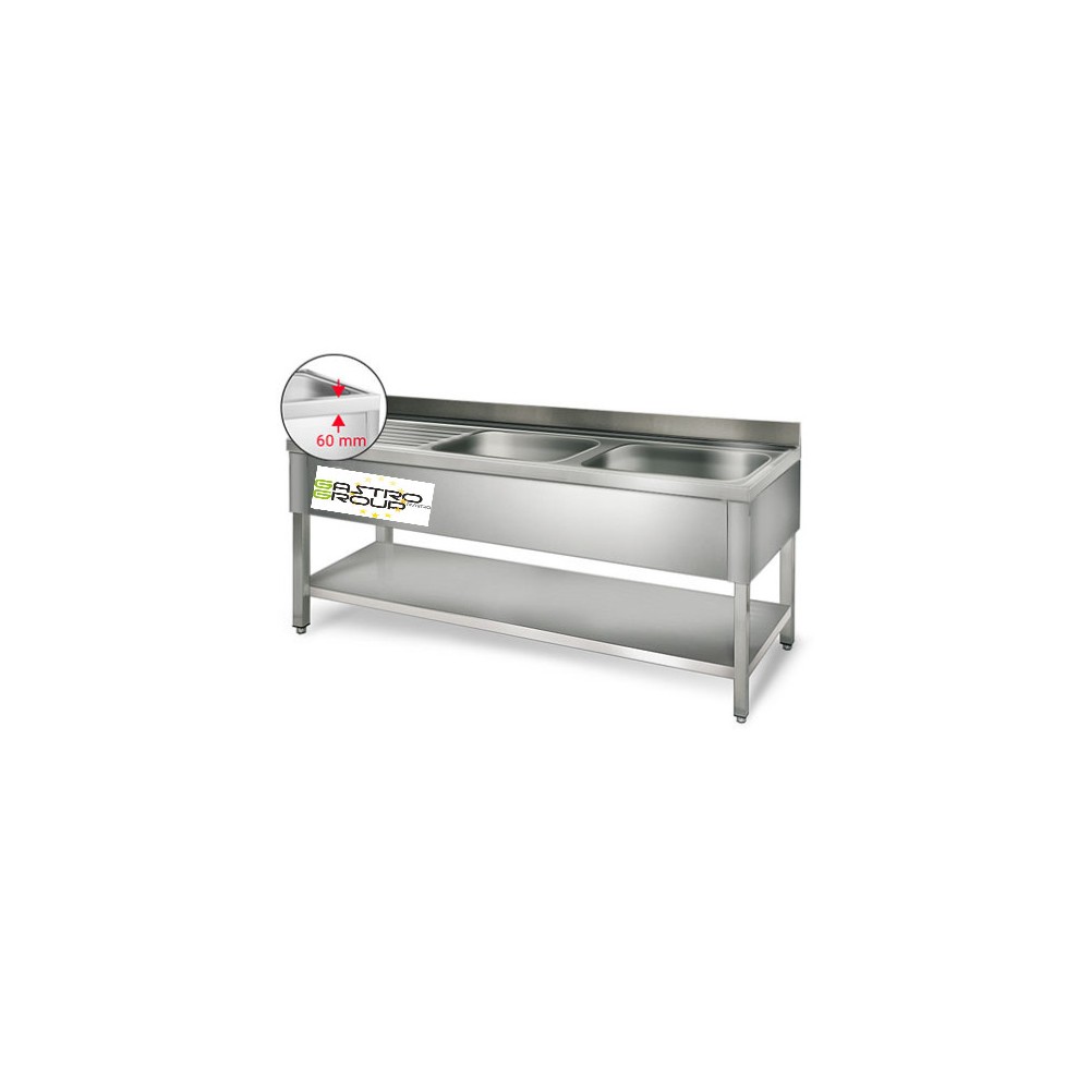 Plonge inox - AISI 304 - 2000 (L) x 700 (P) x 970 (H) mm - Avec égouttoir - 2 bacs à gauche Plonge inox - AISI 304 - 2000 (L) x 700 (P) x 970 (H) mm - Avec égouttoir - 2 bacs à gauche