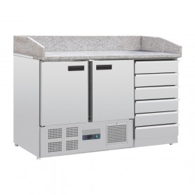 Meuble à pizza - Garantie 2 ans - 200 L - 2 portes + 6 tiroirs neutres + roulettes - 5 x GN 1/3 + 1x GN 1/2 - Classe N