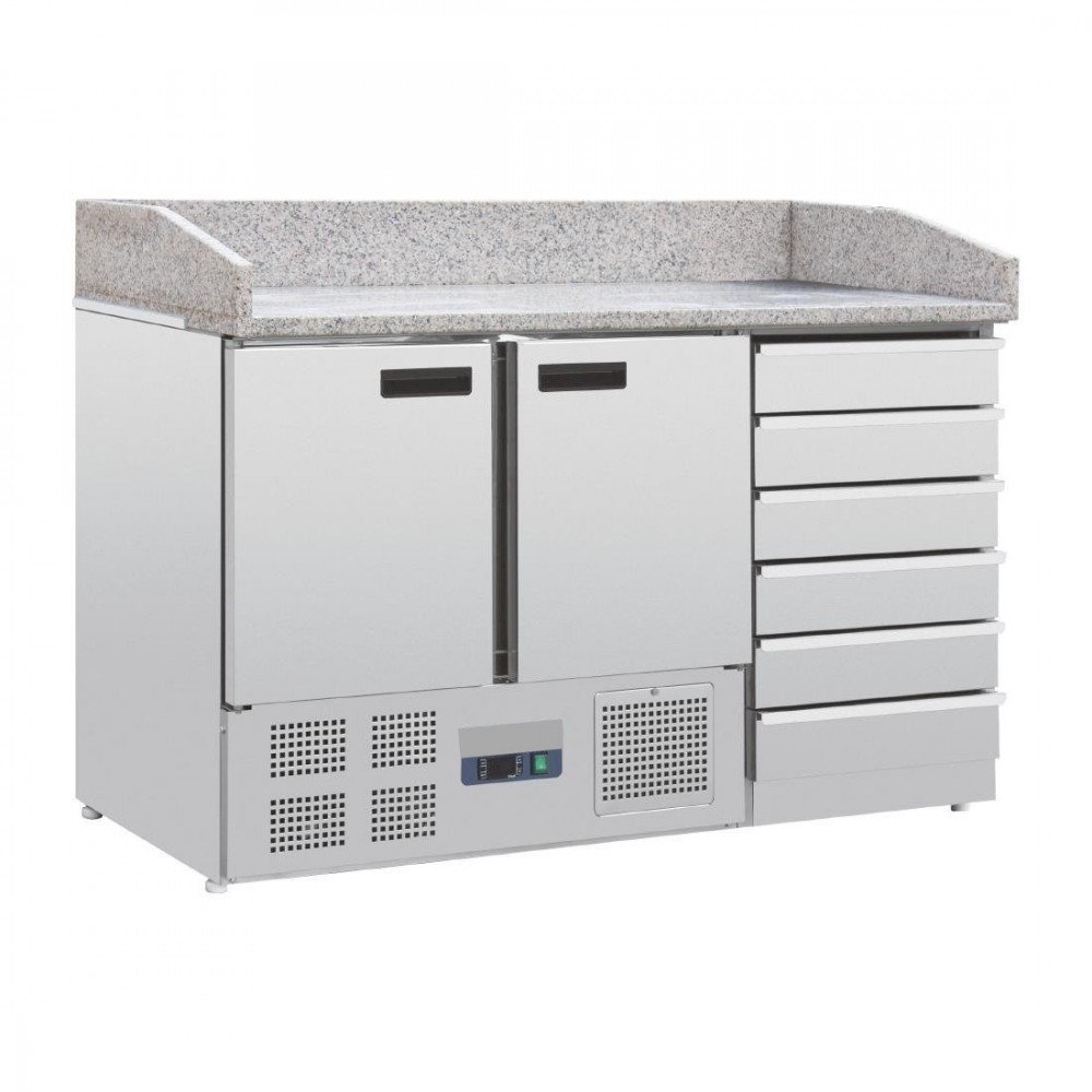 Meuble à pizza - Garantie 2 ans - 200 L - 2 portes + 6 tiroirs neutres + roulettes - 5 x GN 1/3 + 1x GN 1/2 - Classe N Meuble à pizza - Garantie 2 ans - 200 L - 2 portes + 6 tiroirs neutres + roulettes - 5 x GN 1/3 + 1x GN 1/2 - Classe N