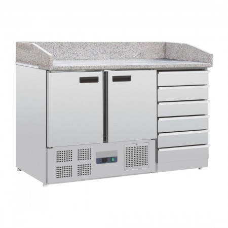 Meuble à pizza - Garantie 2 ans - 200 L - 2 portes + 6 tiroirs neutres + roulettes - 5 x GN 1/3 + 1x GN 1/2 - Classe N