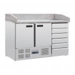 Meuble à pizza - Garantie 2 ans - 200 L - 2 portes + 6 tiroirs neutres + roulettes - 5 x GN 1/3 + 1x GN 1/2 - Classe N