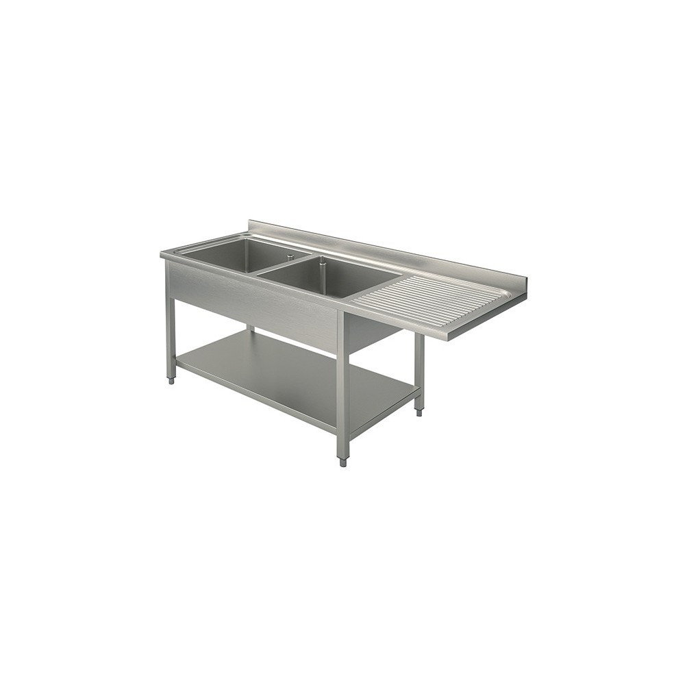 Plonge inox - AISI 304 - 1600 (L) x 700 (P) x 900 (H) mm - Avec égouttoir - 2 bacs à gauche - Passage lave-vaisselle à droite